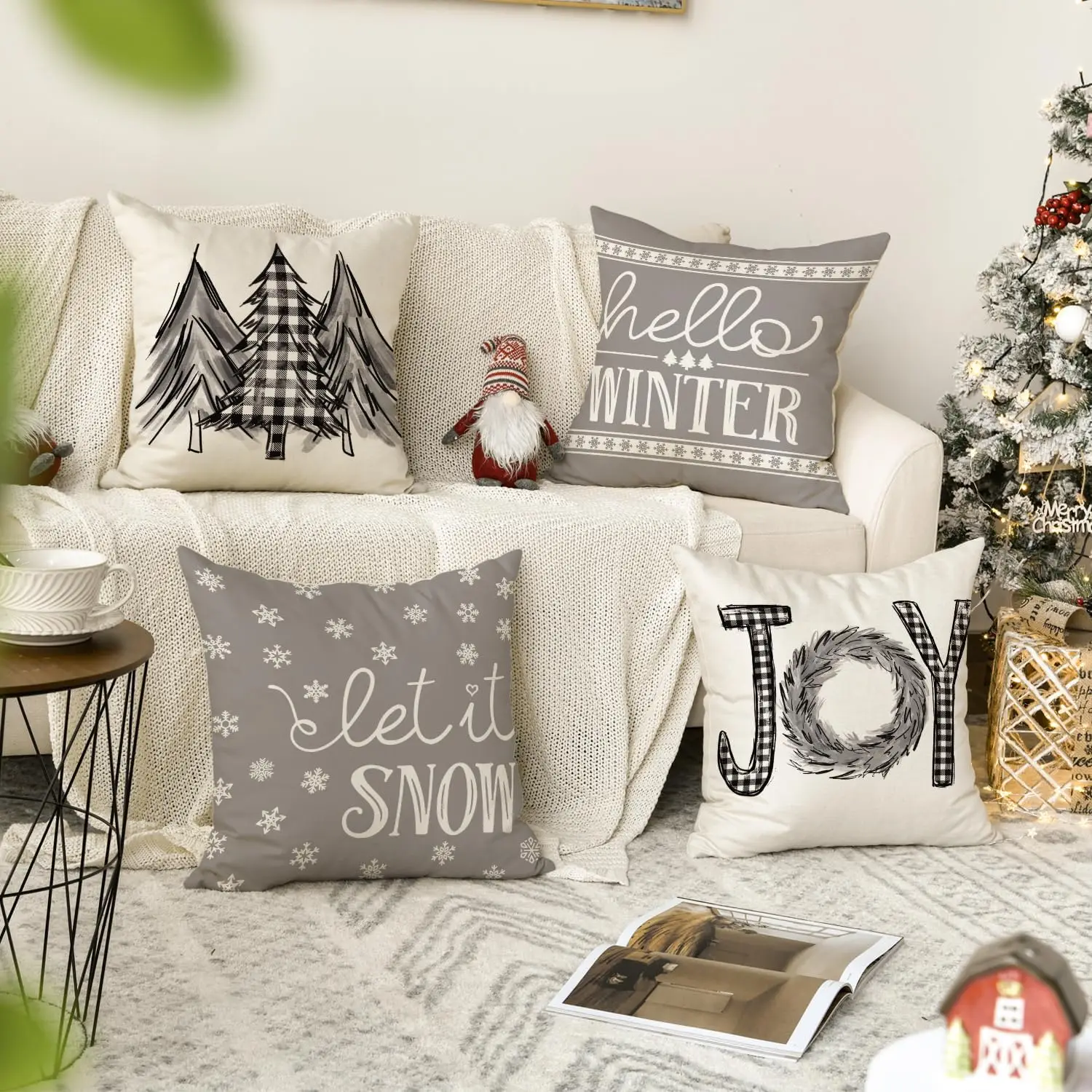 Merry Christmas Trees Mottos Gray Throw Pillow Covers, Hello Winter Let it Snow Holiday Cushion Case Decoration for Sofa Couch