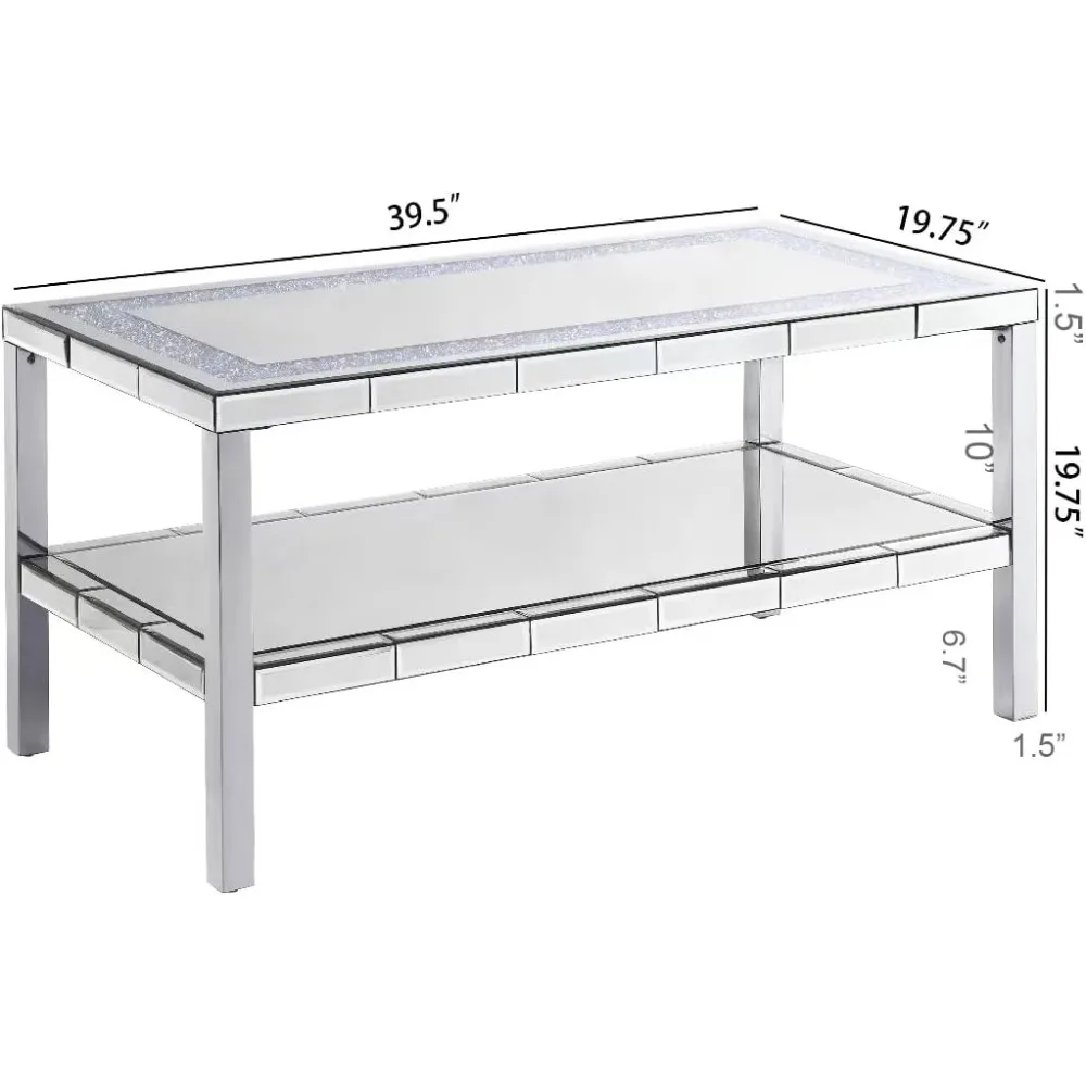 Elegant 2 Tiers of Shiny Silver Mirrored Coffee Table, Crystals Inlay,and Stainless Steel Frame,Modern Rectangle Cocktail Table/
