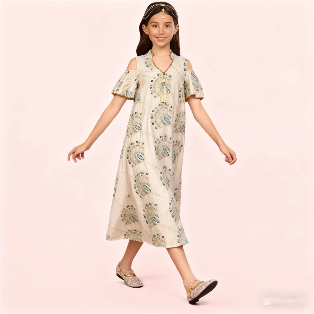 

Fashion Girls Short Sleeve Maxi Dress Dubai Abaya Kids Muslim Party Dresses Tassel Embroidery Morocco Caftan Turkey Kaftan Robe