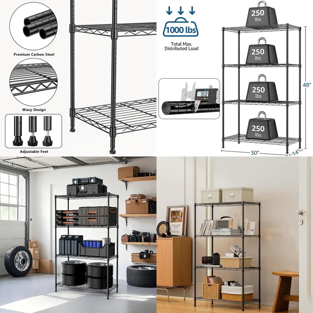 

4-ярусные металлические стеллажи для хранения на колесиках, черные, 13.7D x 29.5W x 47.2H для кладовой, гаража, кухни, ванной комнаты, прачечной