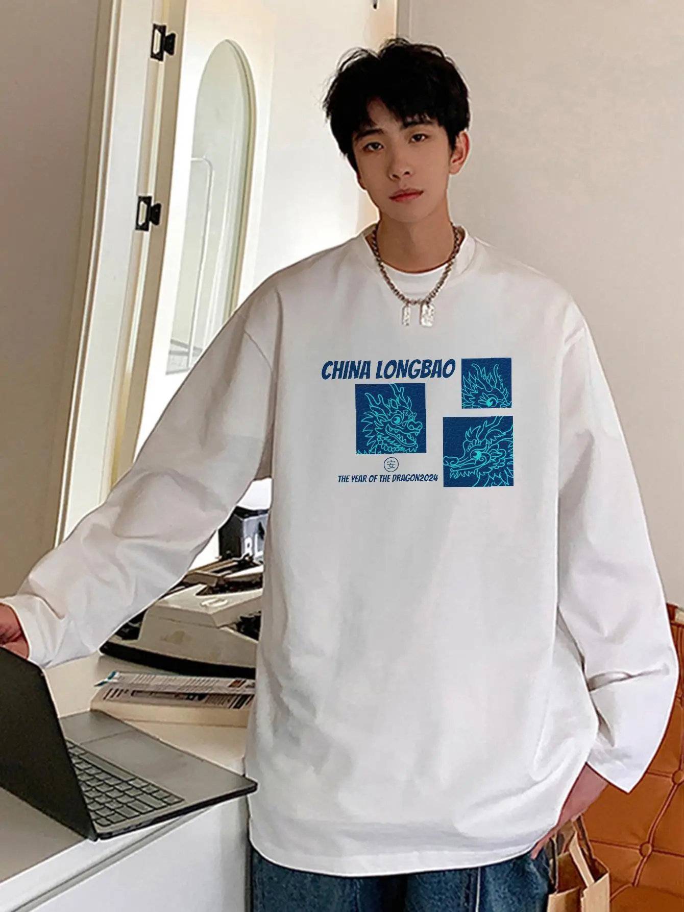 China LongBao Graphic Man T-shirts Pure Cotton High Quality Clothing Long Sleeve O-neck Male Tees Hip Hop Casual Unisex Tops