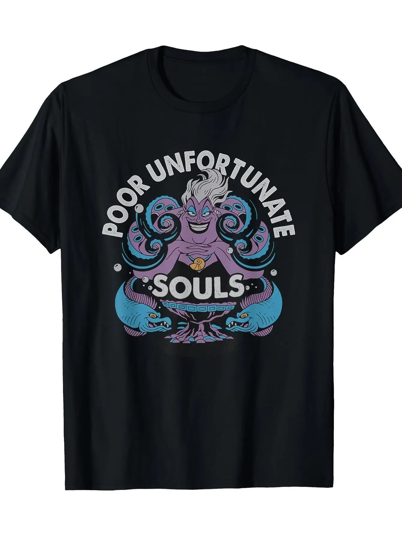 Official Version of the Little Mermaid Ursula Villain Men's T-Shirt - Soft Black Crew Neck Short-Sleeve Shirt with Ursula and the Floating Shark Design, Suitable for Themed Parties, Casual Wear, Year-Round Wear, Loose Fit, Suitable for