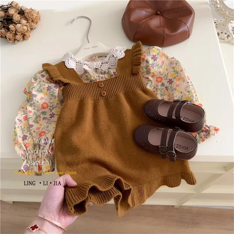 2025 Spring Autumn Children Girl 2PCS Clothes Set Flower Lace Shirts Solid Cotton Knitted Strappy Dress Suit Toddler Girl Outfit