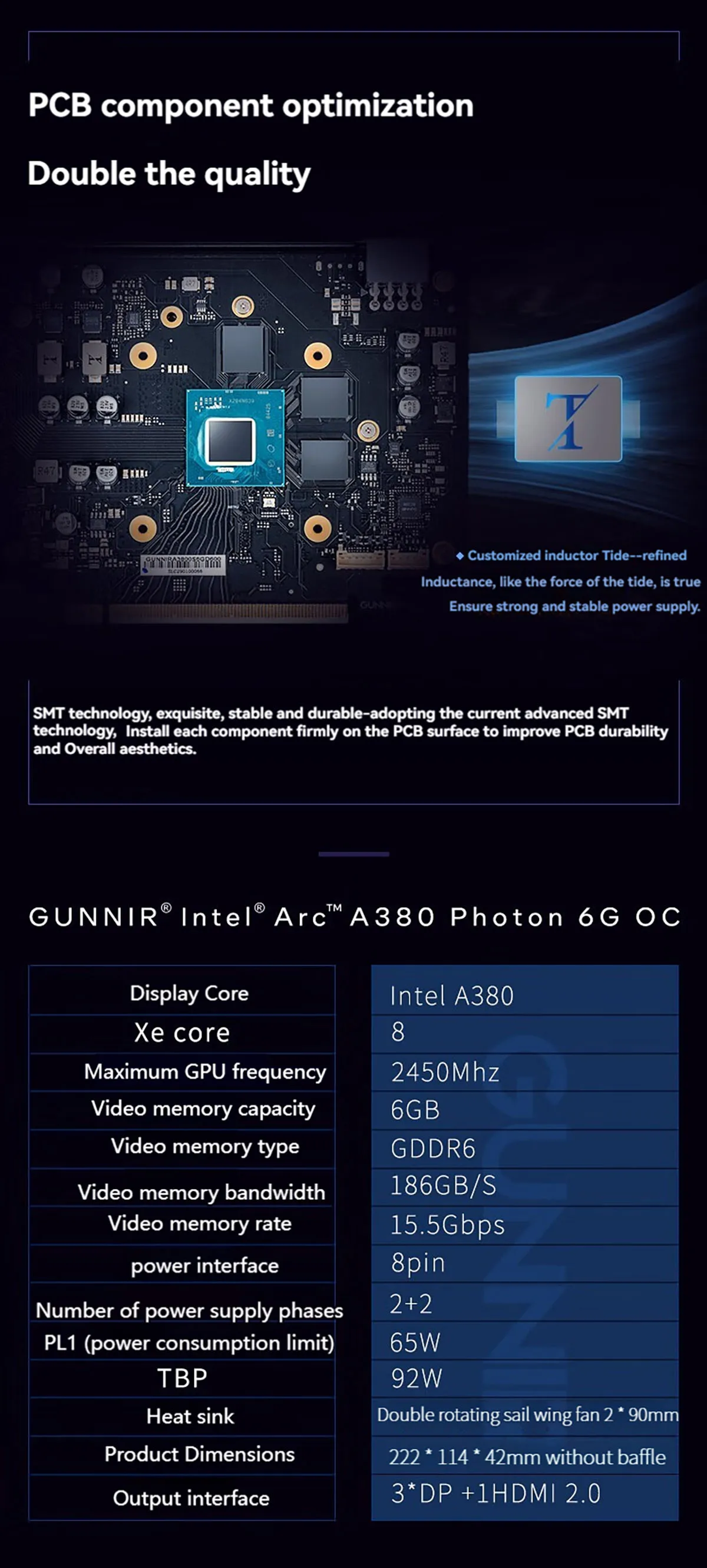 ギガバイト-オリジナルのIntelarc a380グラフィックカード,フォトンカード,インデックス,6g,2450 mhz,6gb,96ビット,gddr6,pcie4.0,1 hdmi,2ファン,gpu