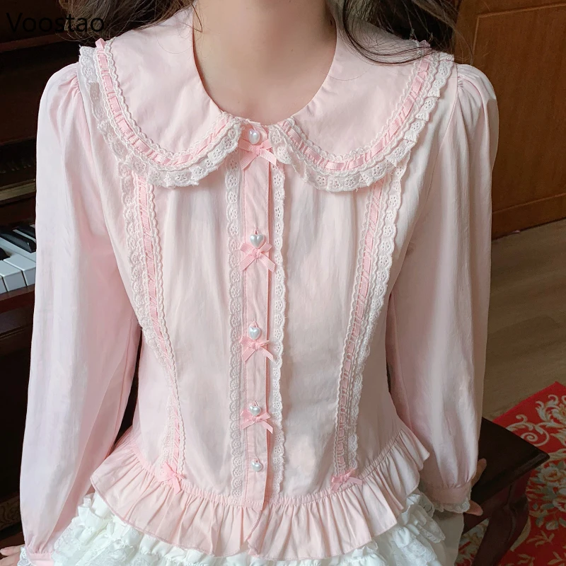 

Японская милая рубашка в стиле Лолиты, женские милые тонкие блузки с бантом, воротник Питера Пэна, кружевные оборки, рубашки JK, рубашки с длинными рукавами, Blusas Mujer, топы