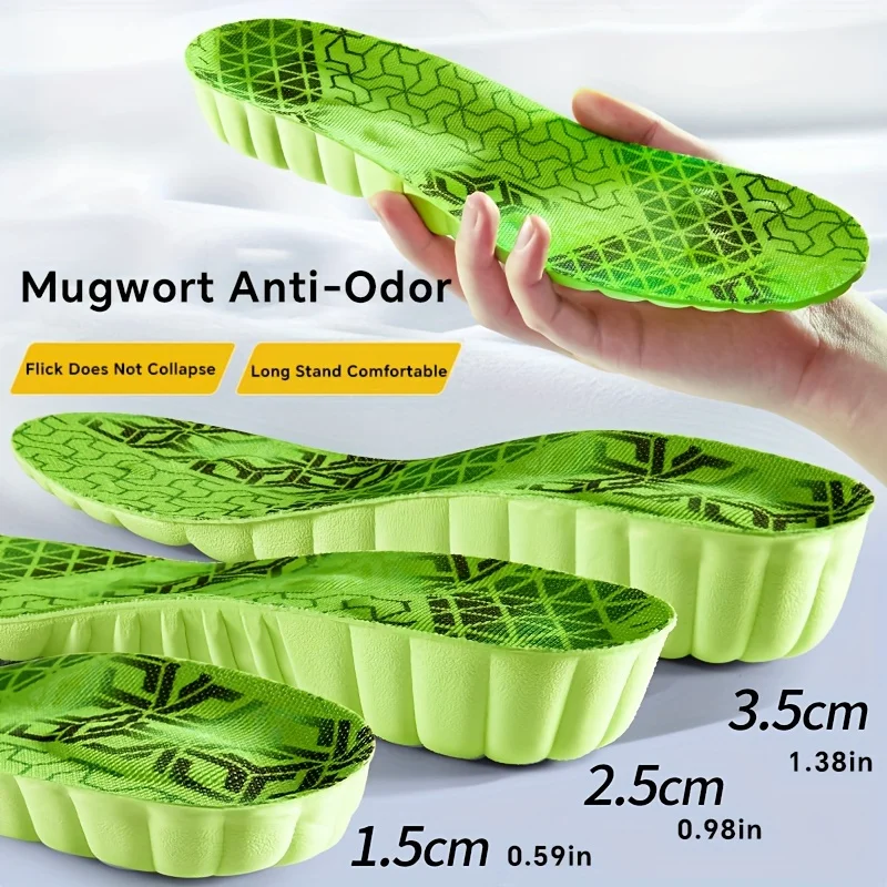 1 pair height-increased green sports insoles for women and men, made of breathable soft gloss shock-absorbing insoles