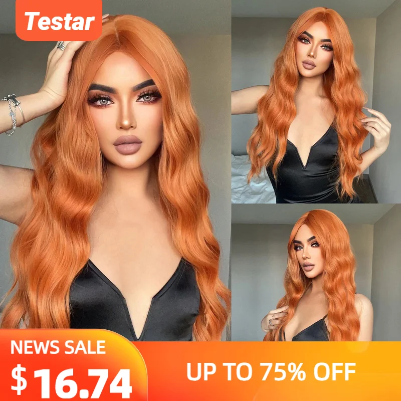 Long Orange Wavy Wig Cosplay Synthetic Hair Deep Wavy Curly Natural Fluffy Heat Resistant Wig for Women Party Daily Use