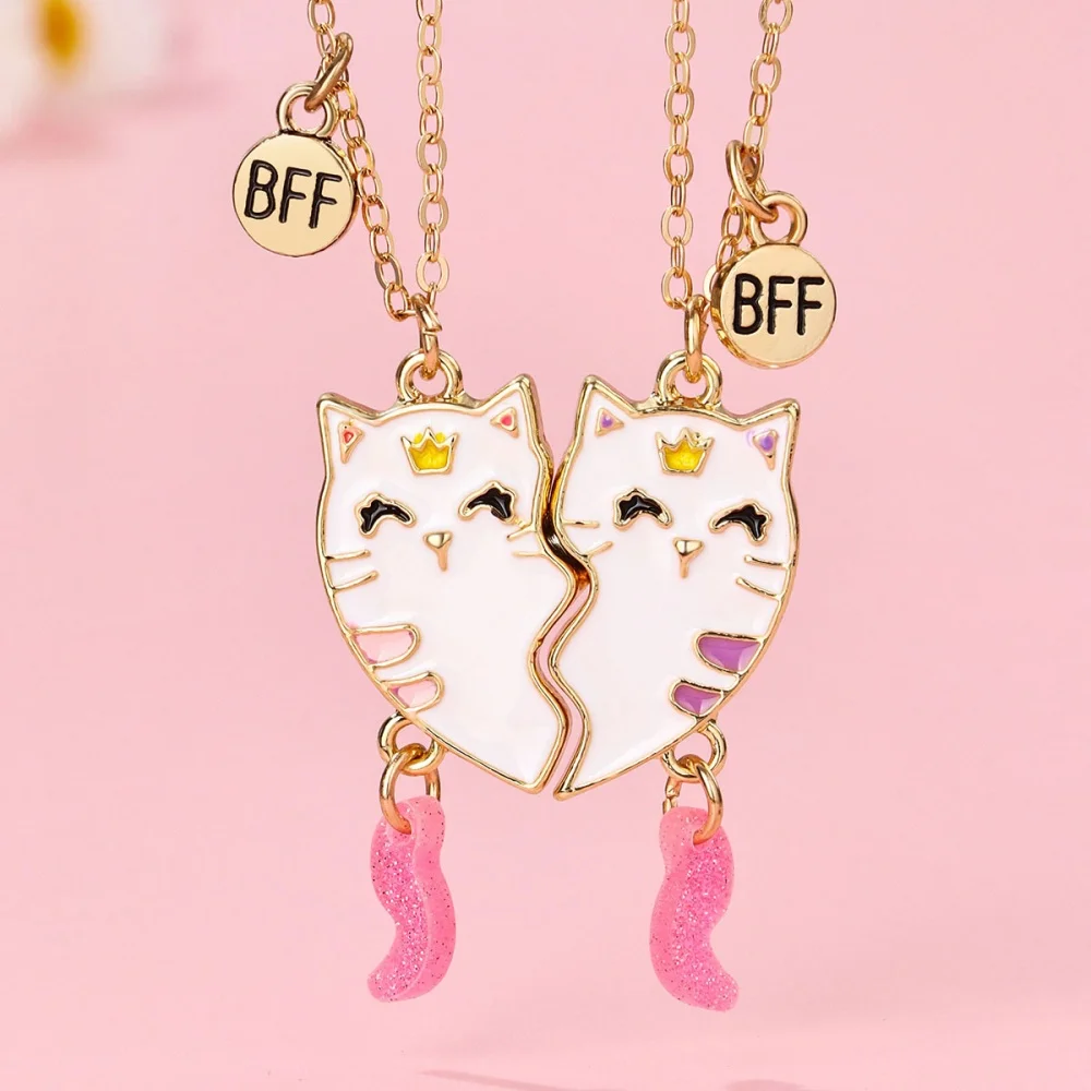 Winoneday 2Pcs/set Cute Animal Cat Heart-shaped Best Friend Necklace for Girls Friendship Birthday Gifts