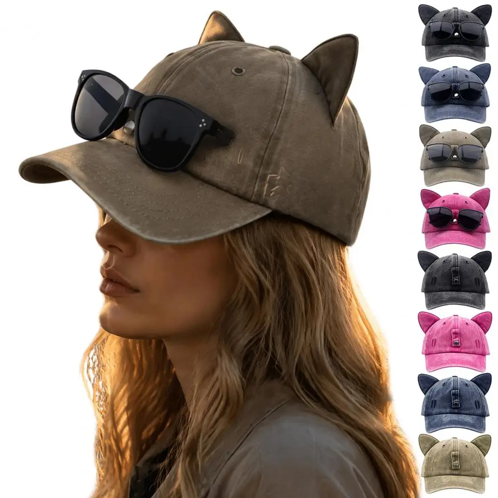 Cat Ear Trucker Hat, Women Men Baseball Cap With Detachable Sunglasses, Adjustable Pilot Style Cap for Outdoor Travel