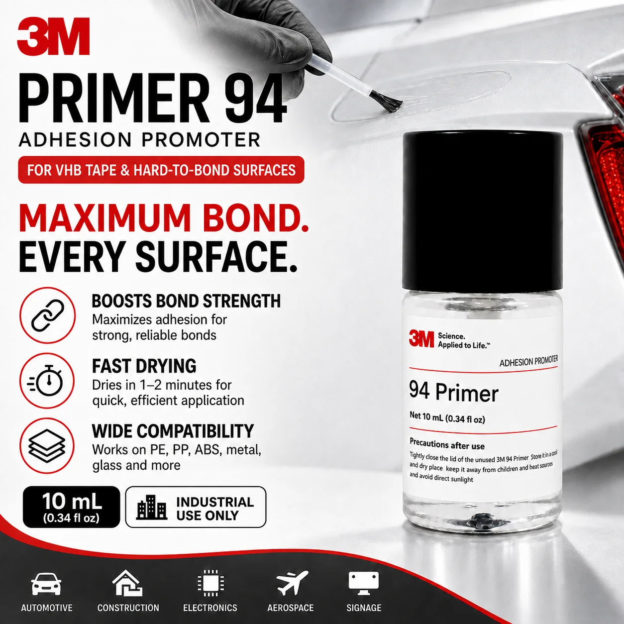 Original 3M Primer 94 Adhesion Promoter 10ml Repack High Adhesion Surface Treatment for Car Wrap Tape Plastic Metal