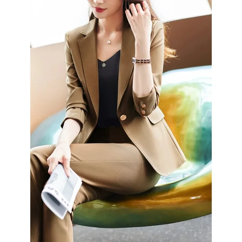 High Quality Women Pant Suit Ladies Beige Khaki Black Business Work Wear Formal 2 Piece Set Female Blazer Jacket And Trouser