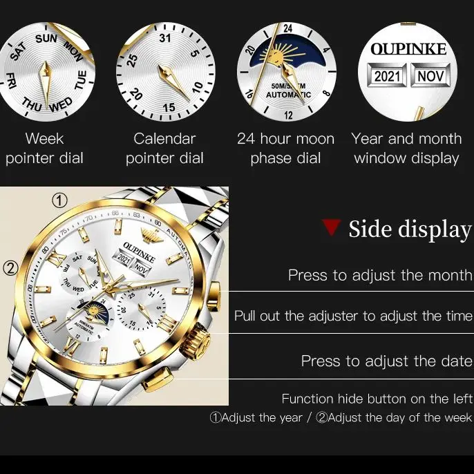 OUPIKE Couple Watch Luxury Men Women All Automatic Mechanical Watch Sapphire Mirror Roman Scale Moonphase Watch Gift Preferred