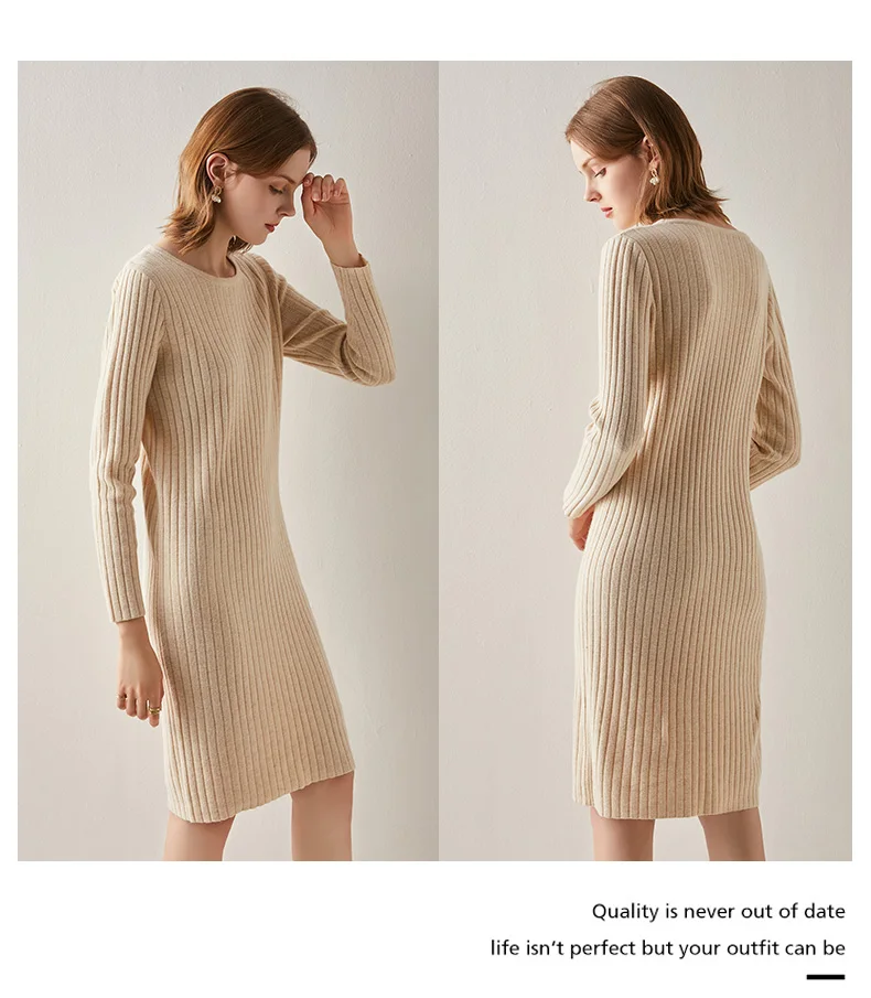 Fengbaoyu Female Autumn and Winter 100% Pure Cashmere Dress Round Leader Pullover Sweater with Black Sweater Base Simple Classic