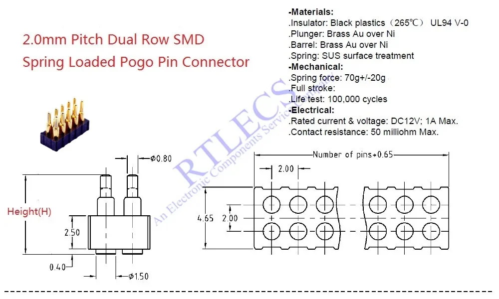 2/5 Stück federbelasteter Pogo-Pin-Stecker, männlich, 2,0 mm Rastermaß, 4, 6, 8, 10 Pin, 5, 6, 7, 8 mm Buchse, doppelte Reihen, Halterung, PCB, SMD, vergoldet – Detail 1