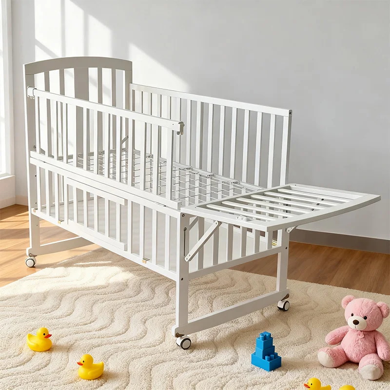 Multifunctional White Mosquito Net Movable  Adjustable Kids Crib Wooden Baby Bed with Storage