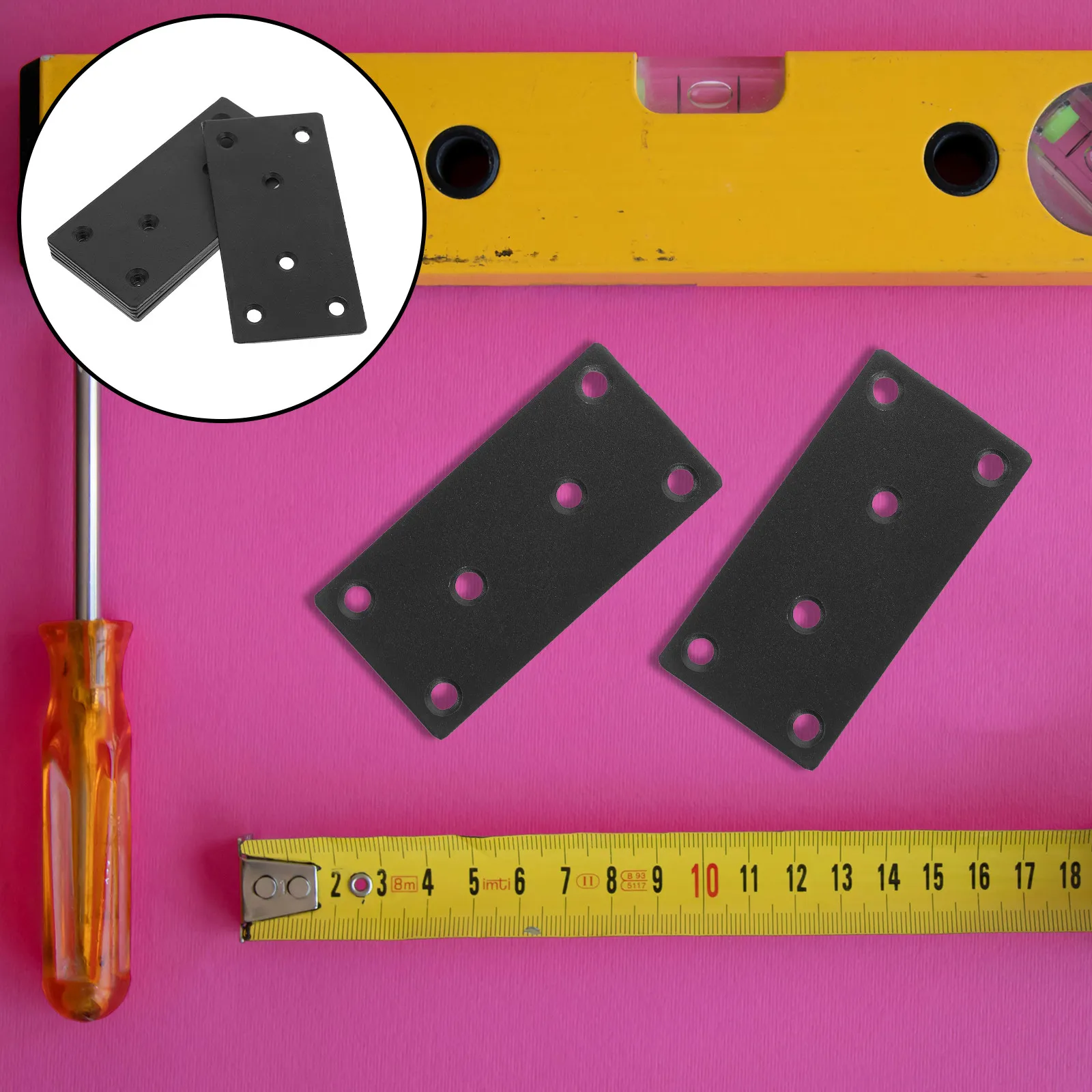 6Sets Repair Plates Black Metal Furniture Flat Brackets Easy Install Straight Fixing Plates Wood Reinforcement Screws Included