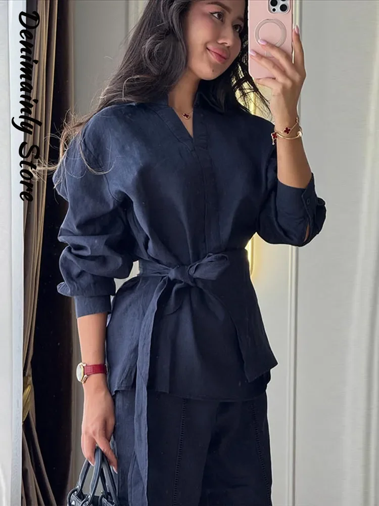 Casual Women's Linen Pants Set 2 Pieces Loose Lace Up Lapel Buttons Shirt Wide Leg Pant 2026 Spring Autumn Lady Holiday Suits