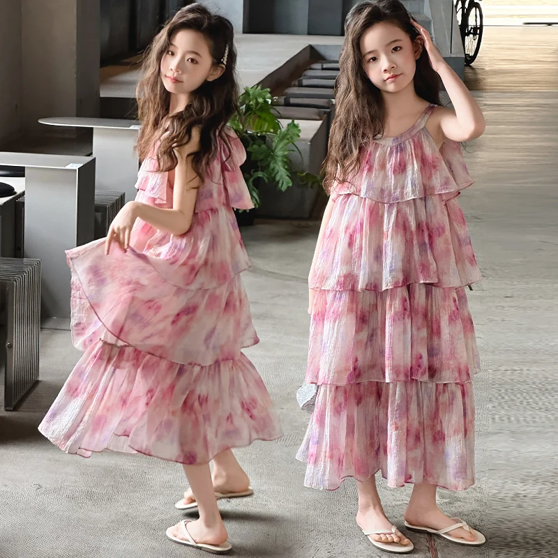 

Girls Summer Beach Dress Kids Casual Ankle-Length Dress With Off-Shoulder Child Bohemian Around-Neck Style Sundress Size 4-14Y
