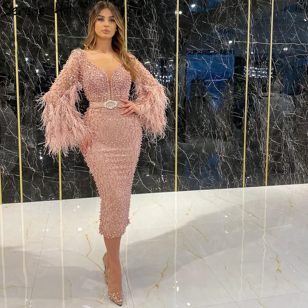 Luxury Blush Pink Prom Dresses 2024 Long Sleeves Wedding Party Dresses Feathers Mid Calf Length Evening Gowns Beading Sheer Neck