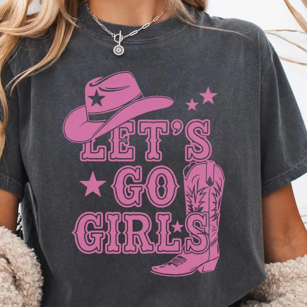 Let's Go ガールズシャツ、コットンシャツ、カウガールウエスタンバチェロレッテシャツ、カントリーコンサート衣装ピンクロデオパーティーシャツ