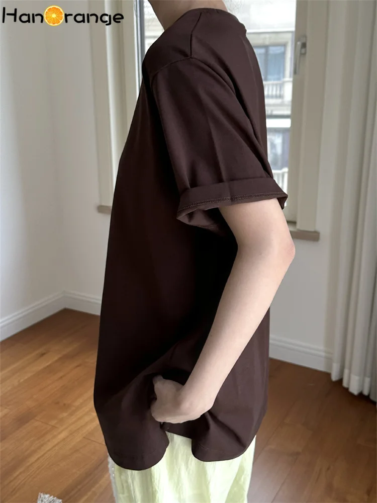 HanOrange 2025 verano silueta Simple versátil Camiseta de manga corta mujeres seco transpirable suelta Top camisetas marrón/azul claro