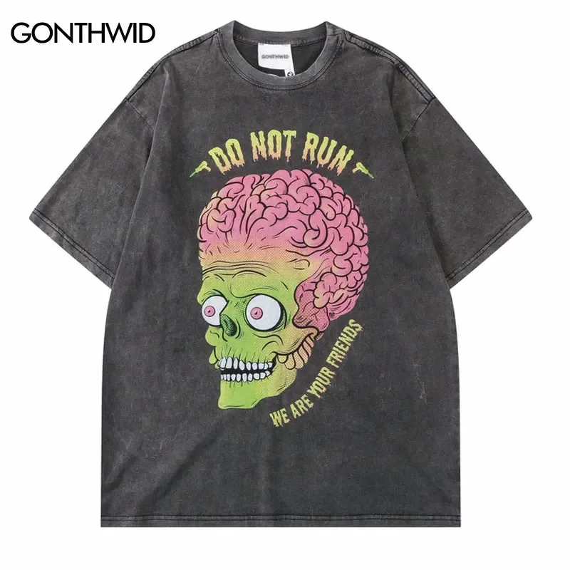 Zombie Skull Print T-Shirt Streetwear Hip Hop Men woman Vintage Washed Short Sleeve Tshirt Fashion Summer Casual Loose Tops  ﻿