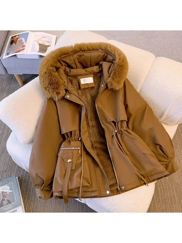 Damska kurtka puchowa z polarową podszewką, zimowy płaszcz z kapturem, ciepła parka z regulowanym ściągaczem, koreańska odzież codzienna streetwear, damska kurtka puchowa.