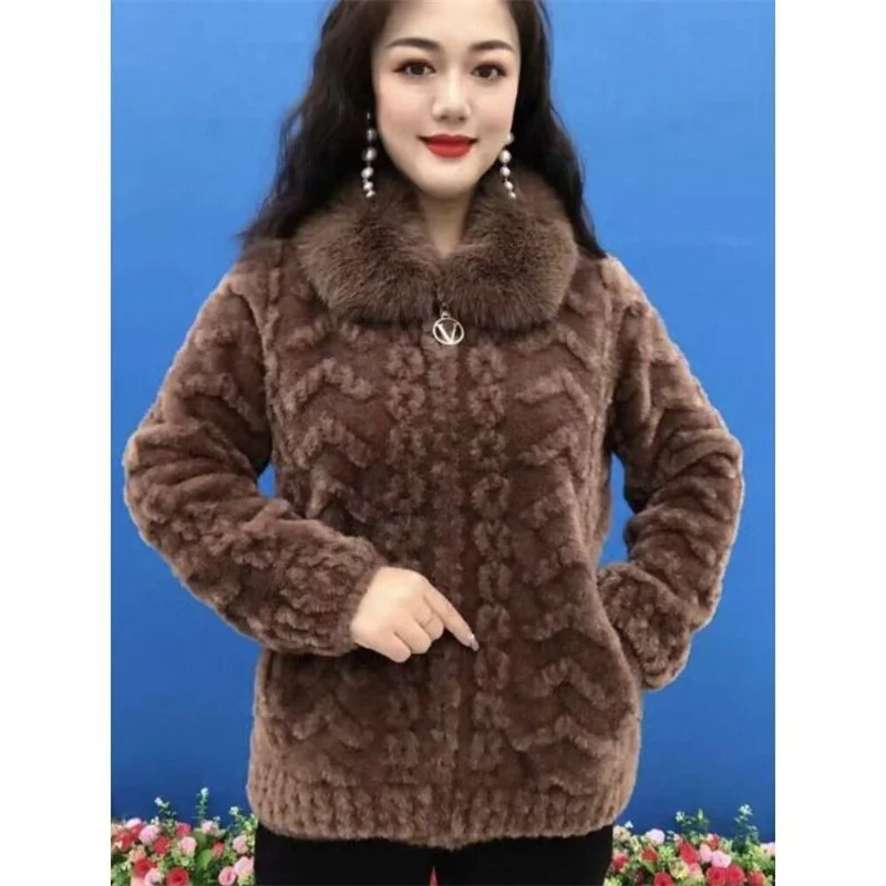 Fleece Collar Coat Zipper Short Coat Women's 2024 Winter Fashion Warm Outerwear Trend Mid*Elderly Golden Mink Velvet Wool Jacket