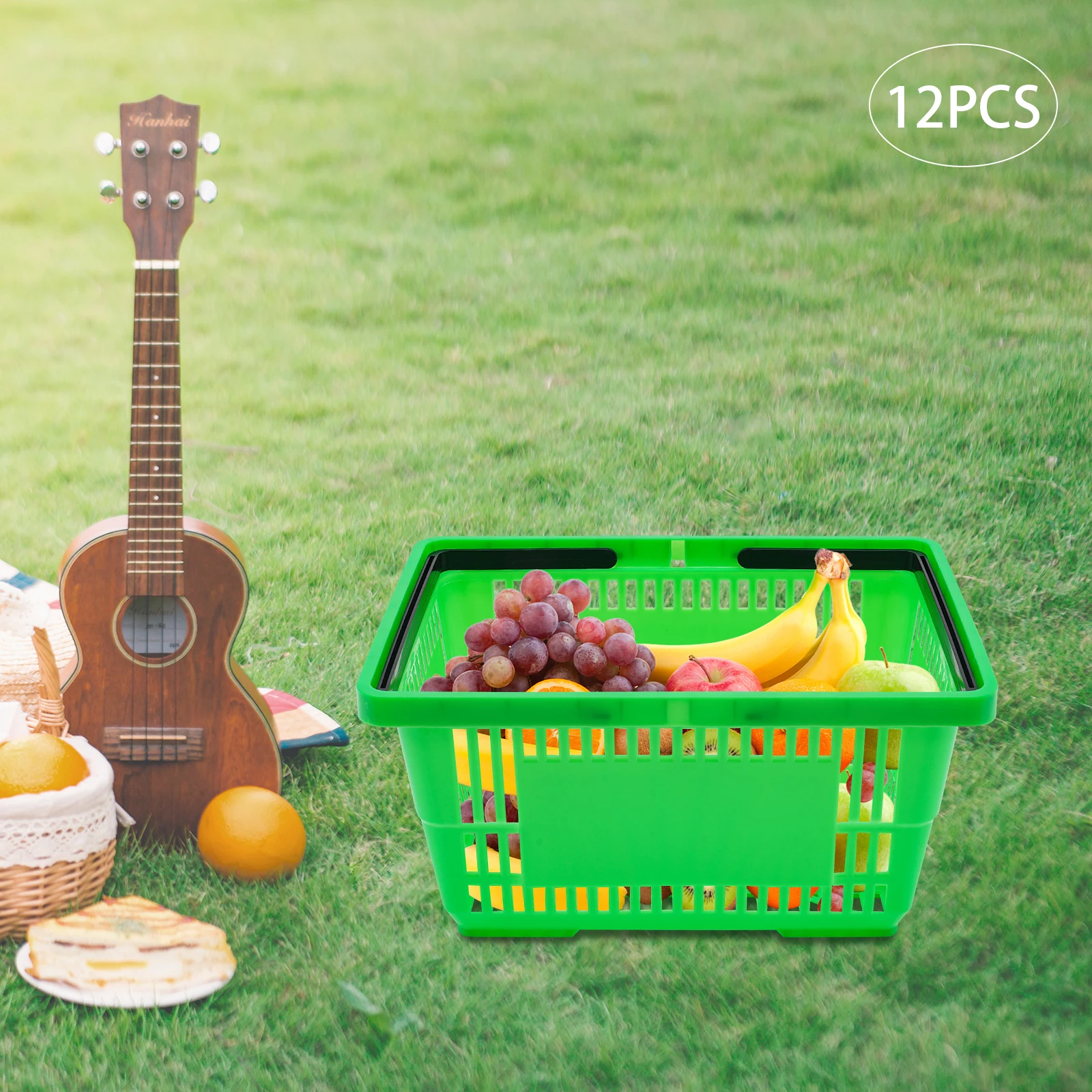 سلة تسوق سوبر ماركت محمولة باللون الأخضر مكونة من 12 قطعة، سلة تخزين سعة 7.4 جالون/28 لترًا بمقبض (44.09 رطلًا) #6