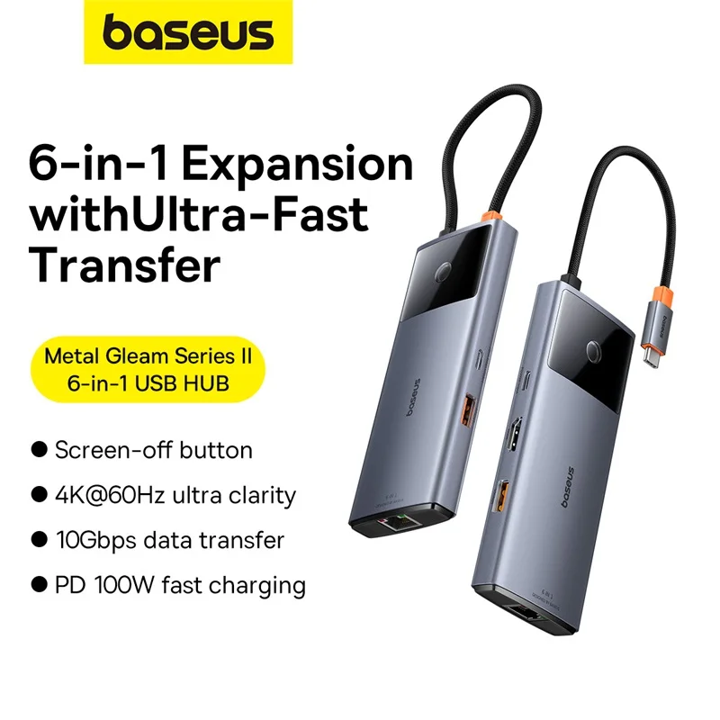 Baseus Metal Gleam Series 6in1 USB HUB USB-C 1*HDMI4K@60Hz+1*USB-C 10Gbps 2USBA 10Gbps RJ45 USB-C PD