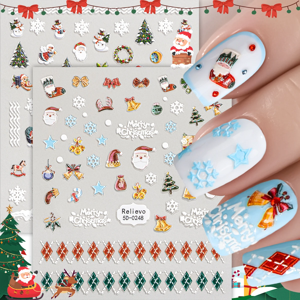 

2pcs Cartoon Christmas Nail Art Sticker 5D Santa Claus Snowman Snowflake Self-Adhesive Nail Decals for DIY Manicure Decoration