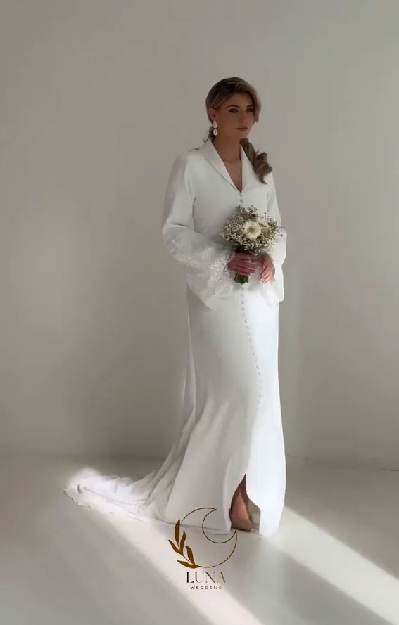 Luna Muslim Modest Shawl Lapel Buttons Wedding Dresses Bride Long Sleeve Lace Bridal Gowns Engagement Dresses Customized