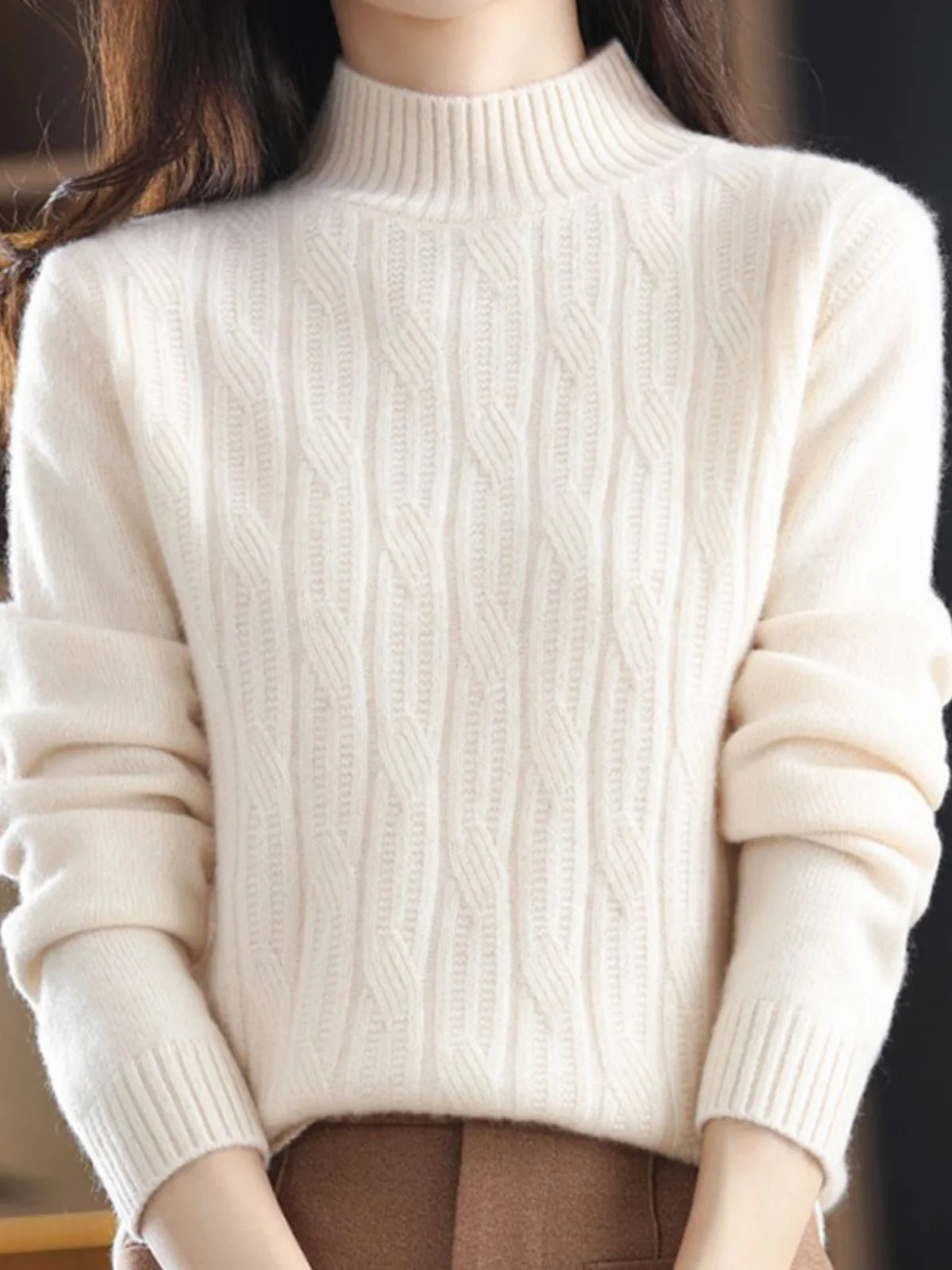 

Women's Long Sleeve Half High Collar Sweater Base Shirt Warm Fleeing Cashmere Color Commute Style round Neck Cardigan