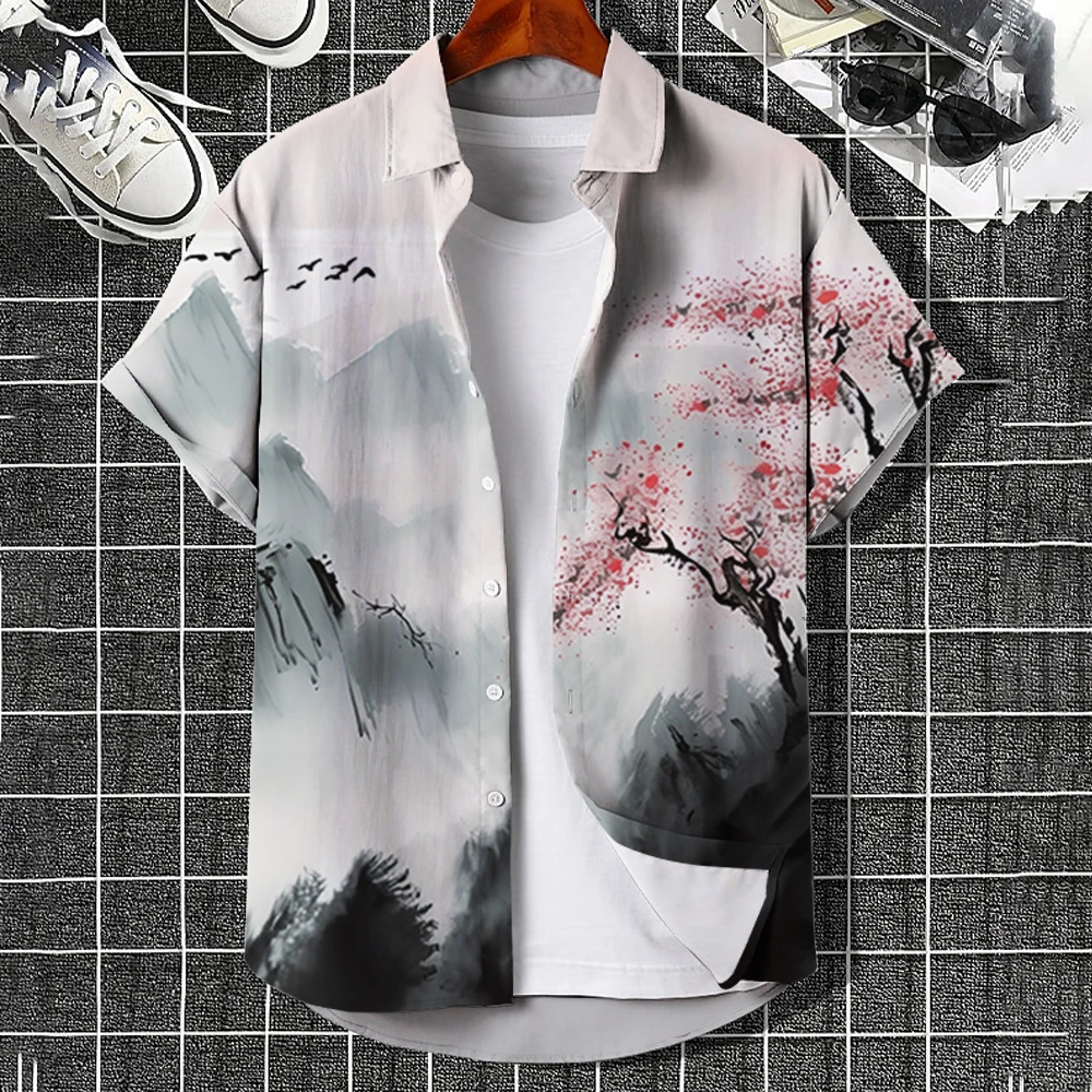 Men\'s Hawaiian Shirts 3D Print Chinese Painting Style Graphics Fashion Button Short Sleeve Lapel Streetwear Classic shirt Summer