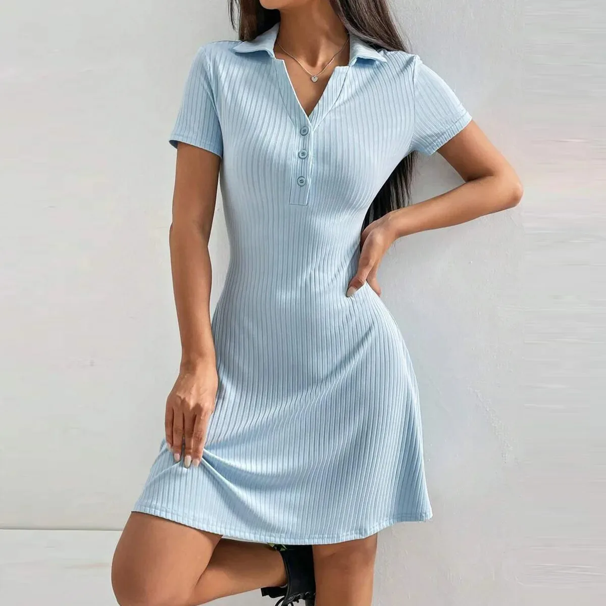 

New Slim Fit Button up Sp Dr Flip Collar ort Sve Polyester Home Wear for Young Women Summer Season Color