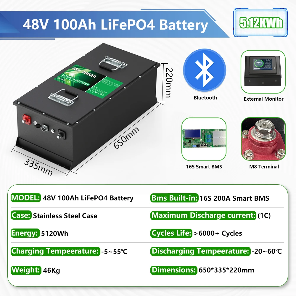 LiFePO4 48V 100Ah Golf Cart Lithium Battery Pack 51.2V 120Ah 150Ah 6000+ Cycles 16S Smart Bluetooth 200A BMS Monitor EU US STOCK