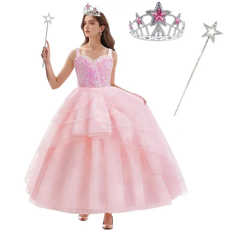

Women Witch Cosplay Costume Adults Wicked Pink Tulle Princess Dress+Wand+Crown Glinda Disguise Woman Halloween Carnival Dress Up
