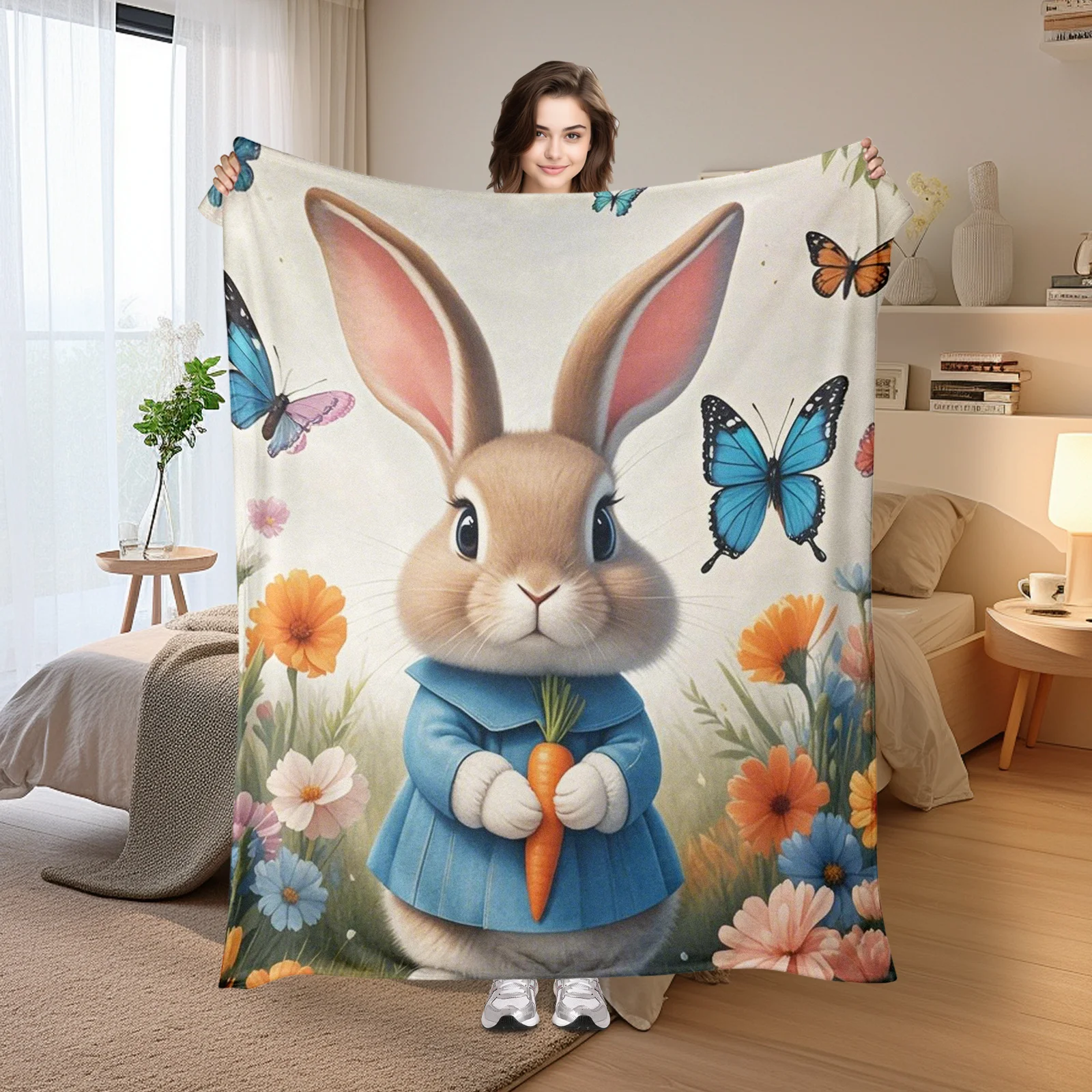 

Charming Gray Rabbit With Floral And Butterfly Cartoon Design Blanket For A Cute And Whimsical Touch To Your Home Decor