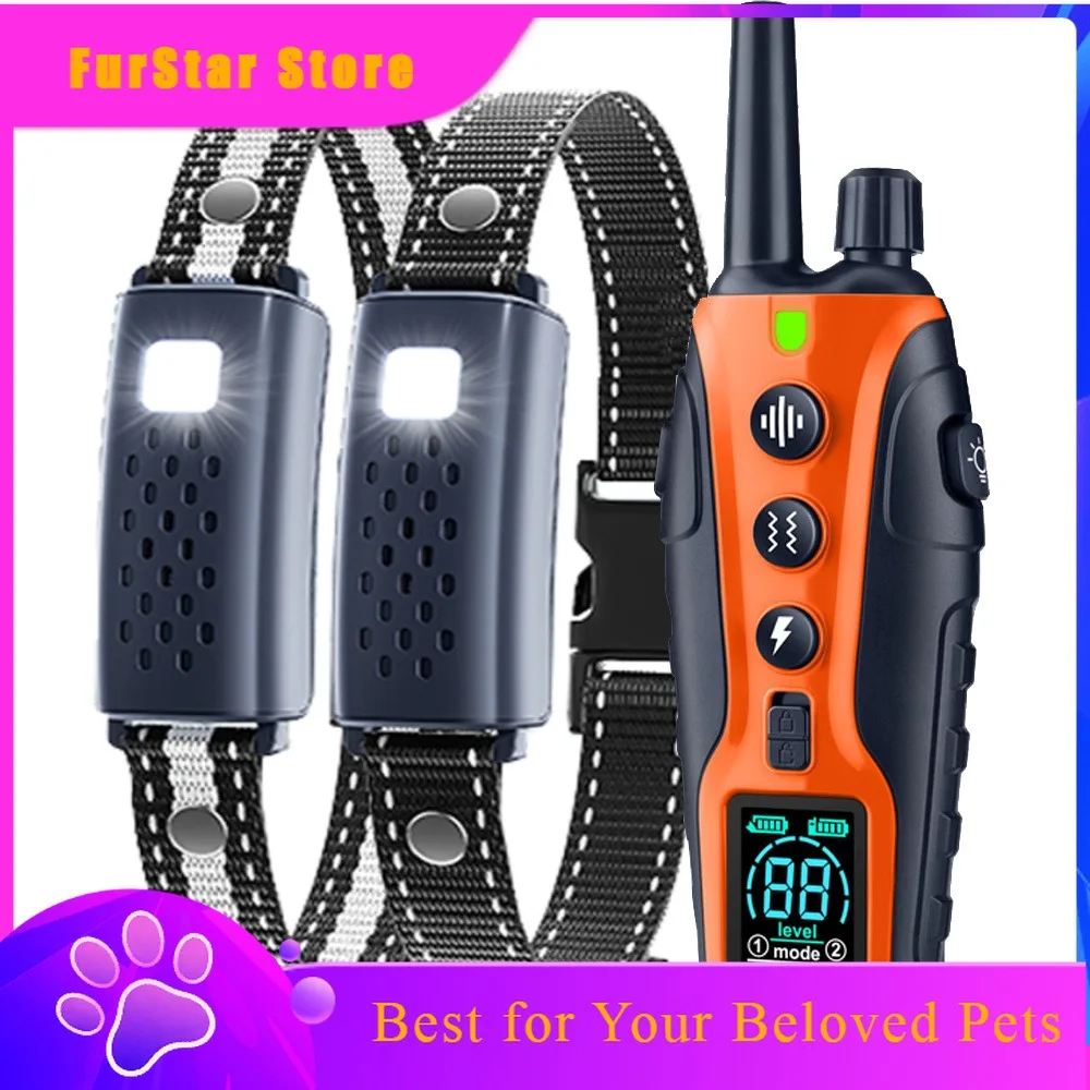 FurStar3280FT Pet Dog Training Shock Collar 3 Training Modes Beep Vibration Shock Flash Light Safety At Night Dual Battery Displ