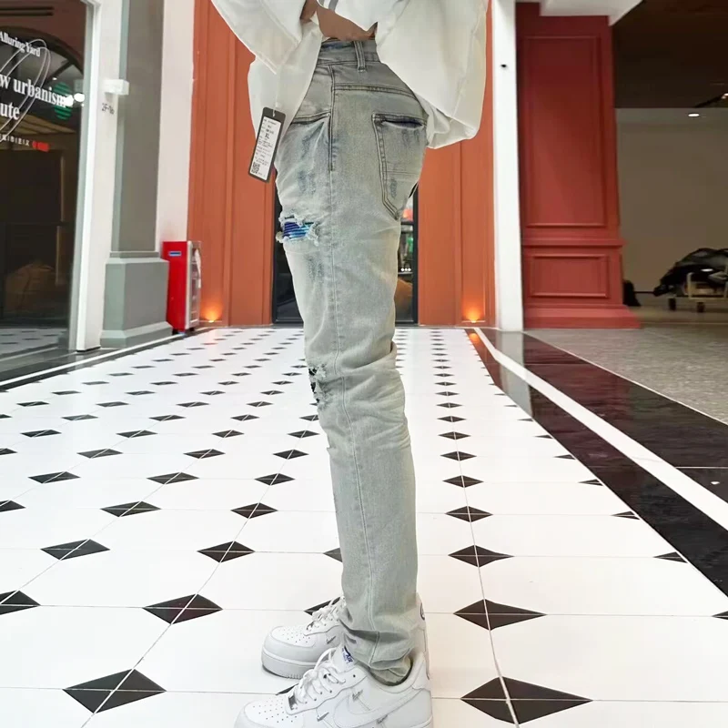 Designer Fashion Men's Jeans with Broken Patches, Water Washed Nostalgic Stretch Slimming Light Blue Jeans, Hip Hop Brand Pants,