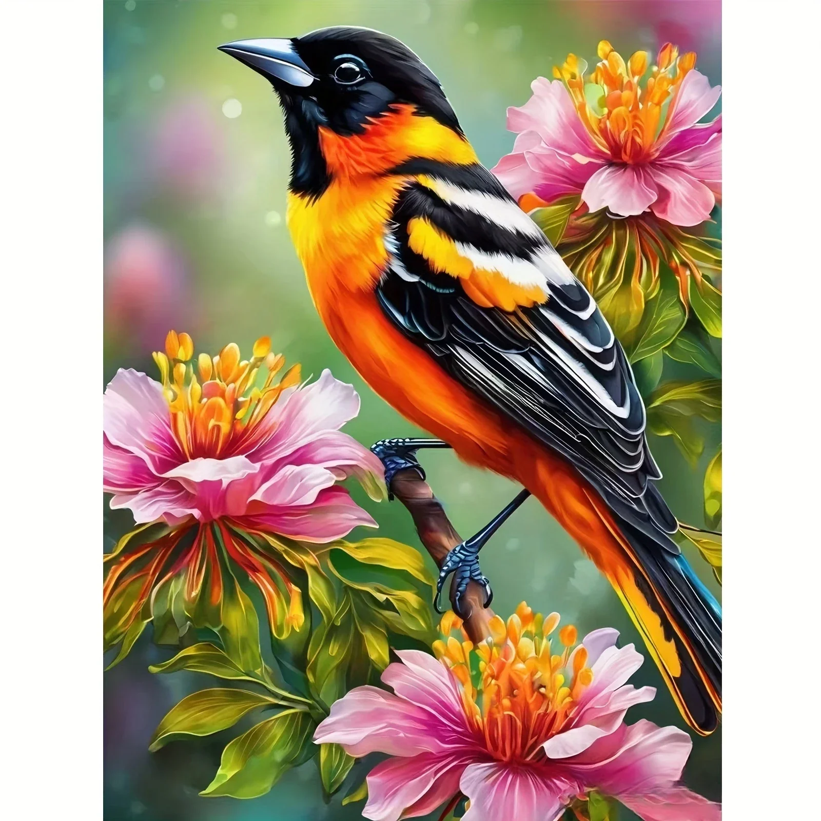 Orange Black Oriole Pink Peony Branch Diamond Painting, Bright Vivid Floral Bird Wildlife Scenery for Living Room Decor & Gift