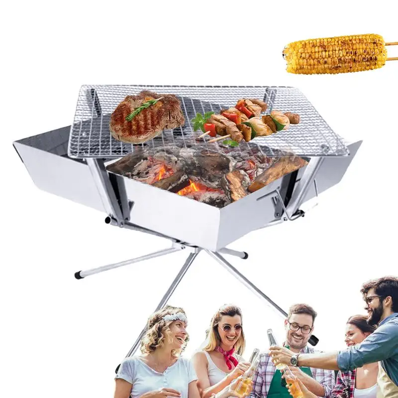 

Foldable Stove Camping Charcoal Grill Stainless Steel Charcoal Burning Barbecue Stove Hot Dog Beef Corn Grilling Backyard BBQ