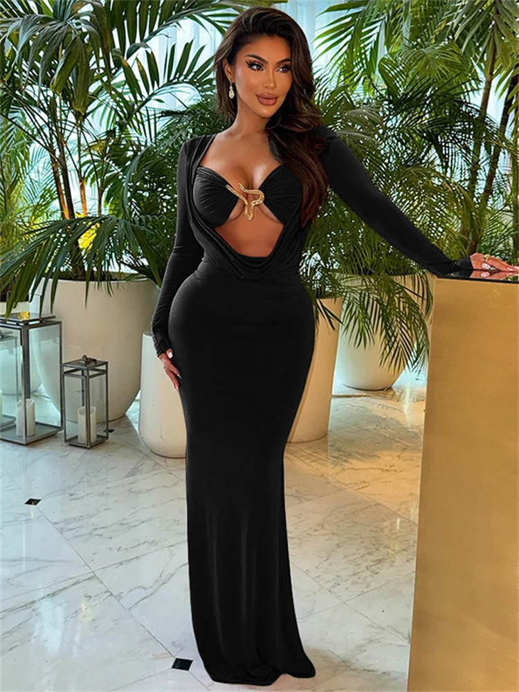 

Insglas Swing Collar Patchwork Hollow Dress Women Chic Metal Sexy Full Sleeve o-Neck Skinny Midnight Party Clubwear Vestidos