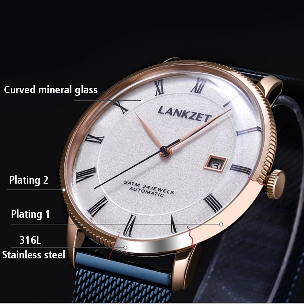 Luxury Dress Watch Men Automatic Mechanical Wristwatches 40mm Business Watches Stainless Steel 5bar Waterproof Clocks LANKZET