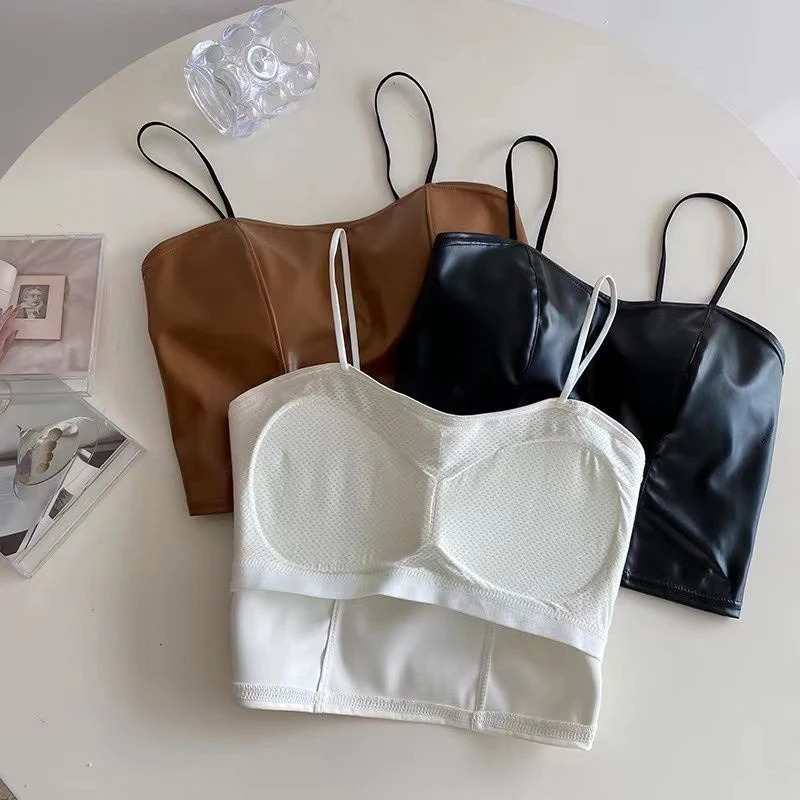 Women Faux Leather Camisole With Shelf Padded Bra Sexy Shirred Lace Backless Spaghetti Strap Crop Tube Top Slim Bralette