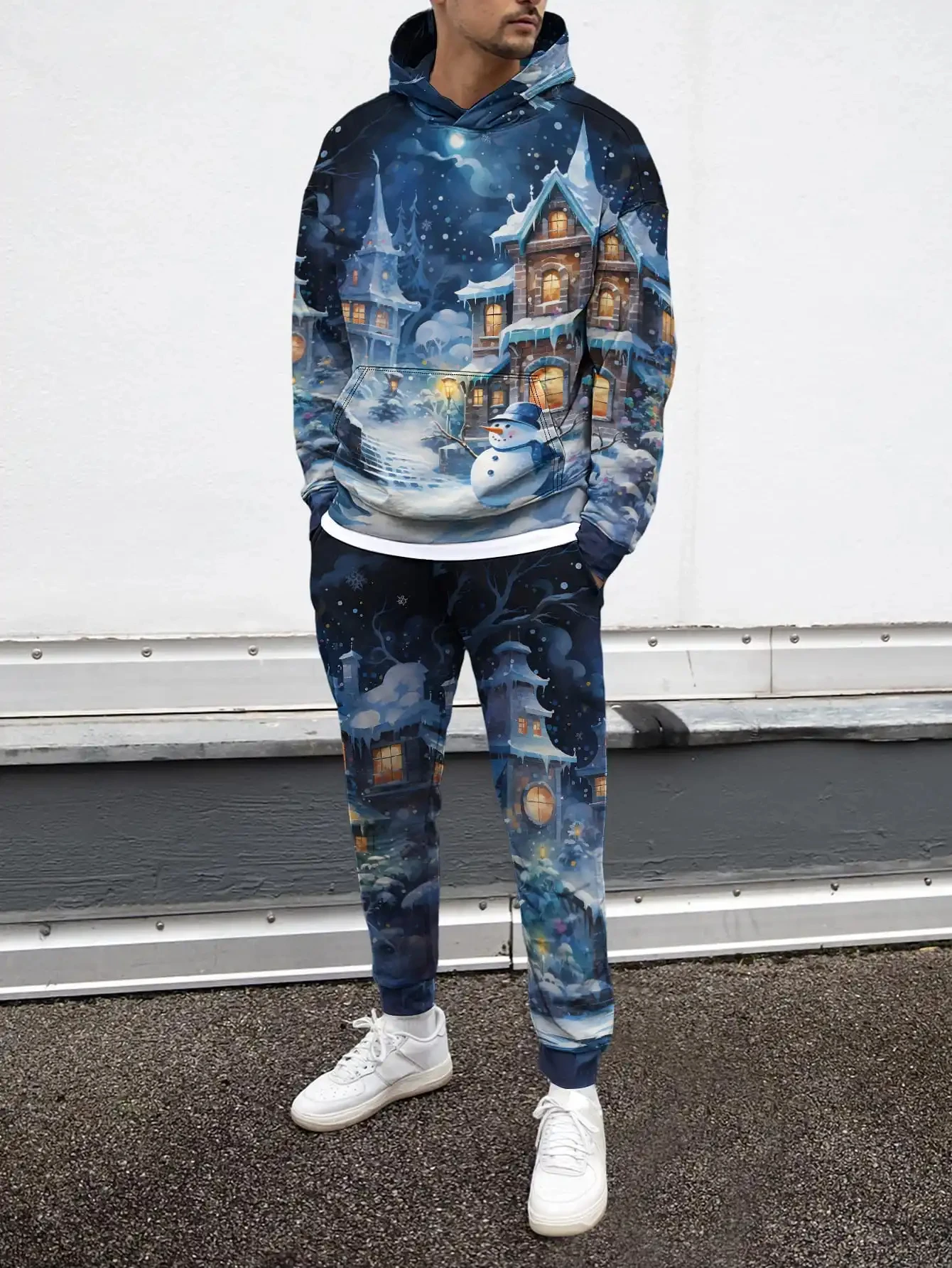 Conjuntos de moletons masculinos com estampa 3D de boneco de neve, moda criativa, design de manga comprida, tops e calças, outono inverno, conjunto de duas peças
