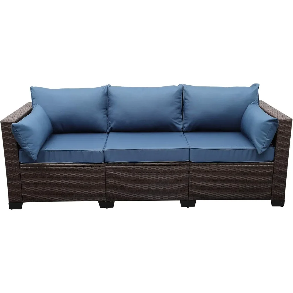 3-Seat Sofa, Outdoor Rattan Couch Furniture Steel Frame with Furniture Cover and Deep Seat High Back, Blue Anti-Slip Cushion