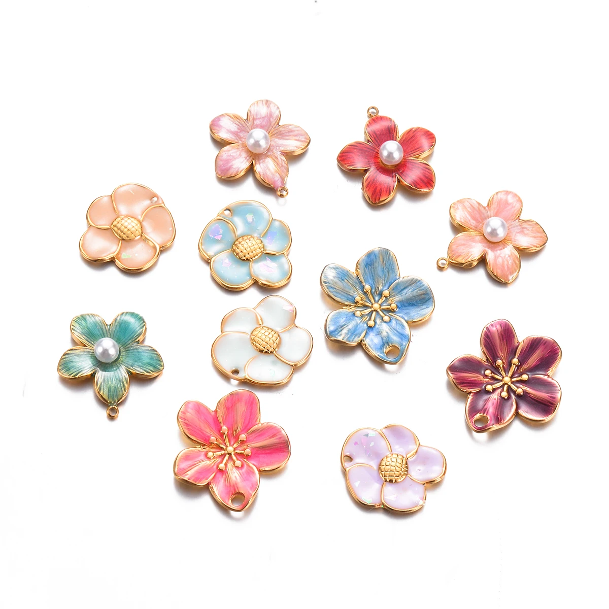 Dijes de flores esmaltadas de acero inoxidable, colgante colorido para collares DIY, pendientes, accesorios para hacer joyas, venta al por mayor, 5 piezas por lote