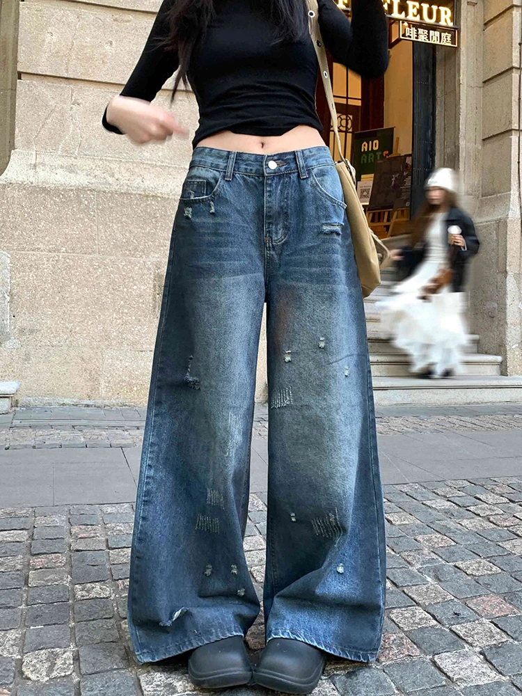 REDDACHiC Destroyed Baggy Jeans for Woman Loose Fit Whiskers Do Old Low Waist Straight Wide Leg Pants Retro Boyfriend Streetwear