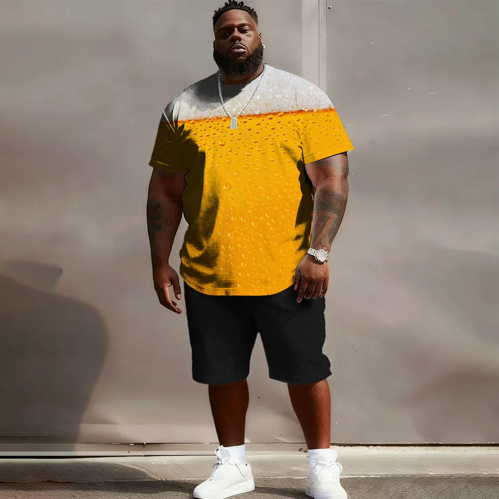 

Мужской комплект с короткими рукавами больших размеров S-9xl: Beer-Vibe Chic — 2 предмета, большая и высокая посадка, мягкая ткань, гладкие принты пивной кружки